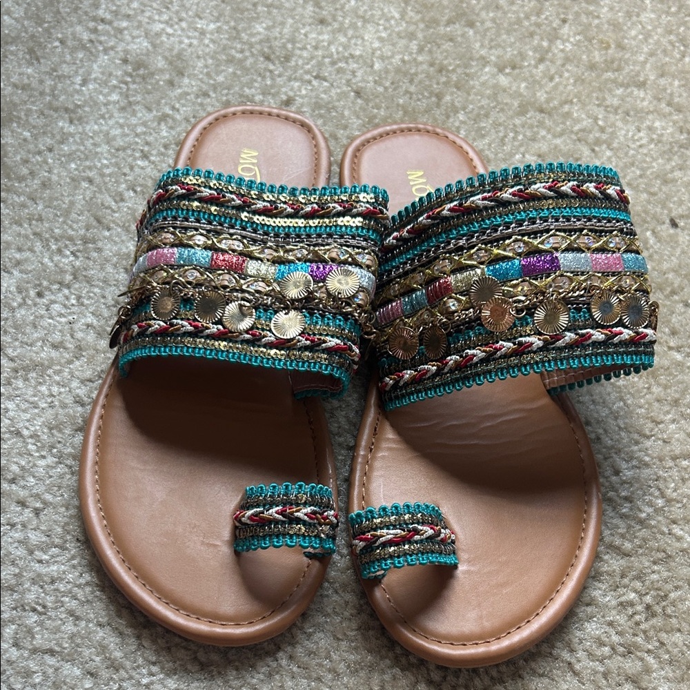 Bohemian Turquoise Beaded Sandals with Toe Loop